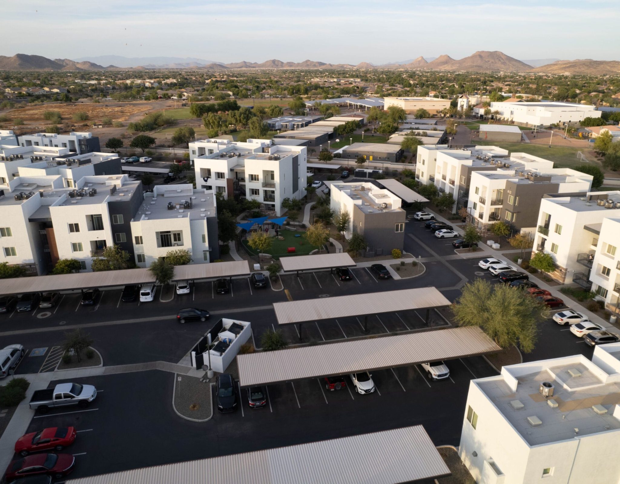 An aerial view of a new apartment complex in Arrowhead Ranch, Glendale, Arizona, United States